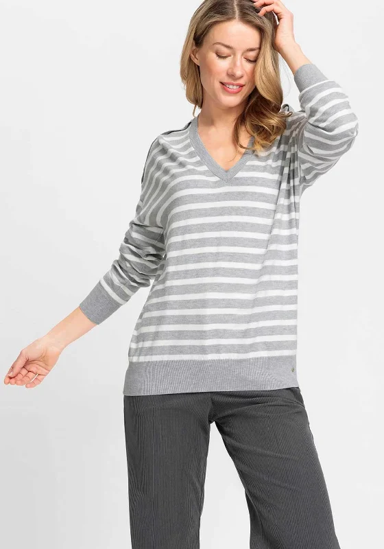 Olsen Cora Striped Sweater, Grey and White Lightweight Heavyweight Midweight
