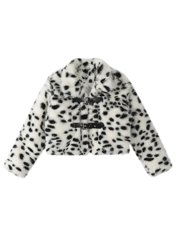 'Miss Leopard' Cheetah Print Fluffy Buckle Crop Vegan Fur Jacket Welt Pockets Slit Pockets Flap Pockets