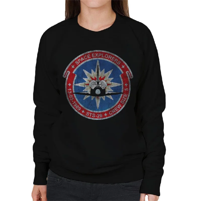 NASA STS 29 Discovery Mission Badge Distressed Women's Sweatshirt Hoodie with Monochrome Minimalist Simple