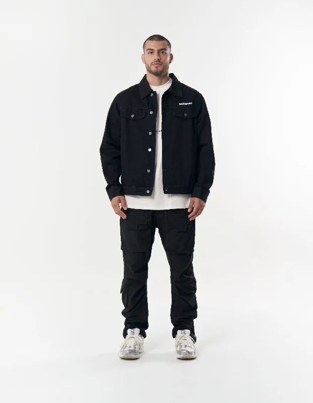 S1 Denim Jacket - Black A-Line Jacket Boat Neck Shawl Collar