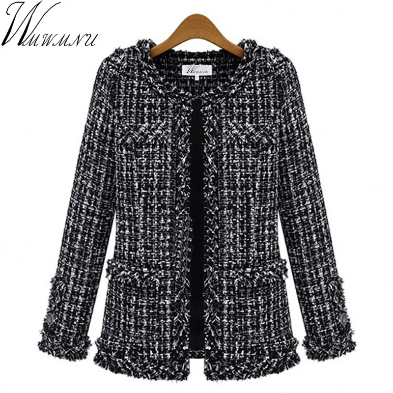 Wmwmnu Autumn winter women jacket Slim thin checkered Tweed coat Large size casual O-Neck Plaid Jacket with pocket outwear ls462 Ribbed Jacket Pleated Jacket Ruffled Jacket