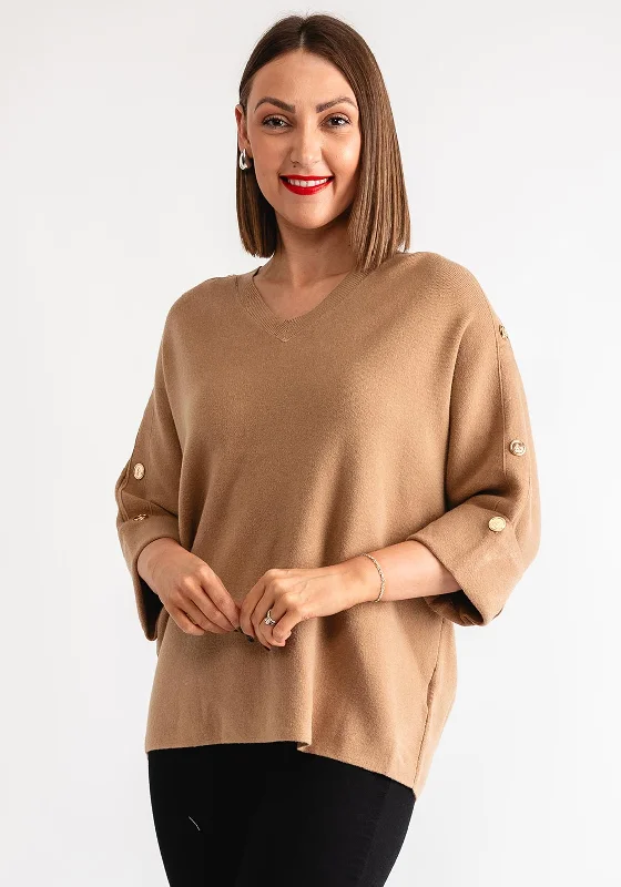 Serafina Collection Gold Button Detail Jumper, Camel Front Pockets Side Pockets Patch Pockets