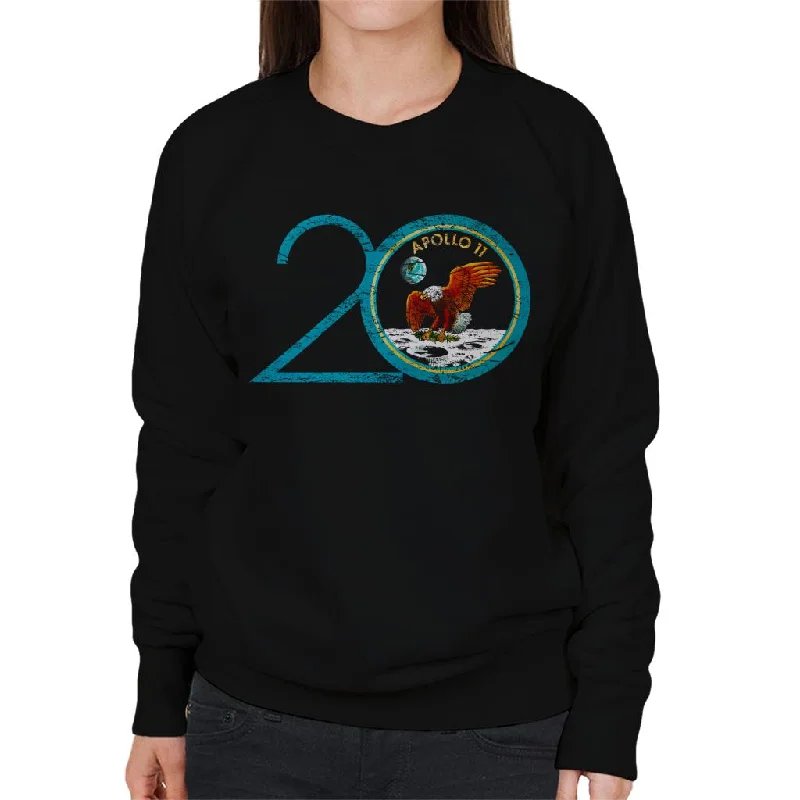NASA Apollo 11 20th Anniversary Badge Distressed Women's Sweatshirt Hoodie with Zipper Placket Modern Functional