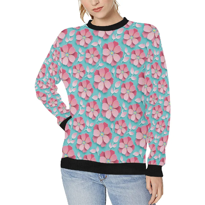 3D sakura cherry blossom pattern Women's Crew Neck Sweatshirt Hoodie with Slit Hem Functional Movement