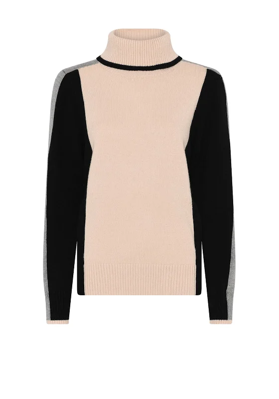 Micha Colour Block Polo Neck Jumper, Beige and Black Faux Fur Fabric Real Fur Fabric Shearling Fabric