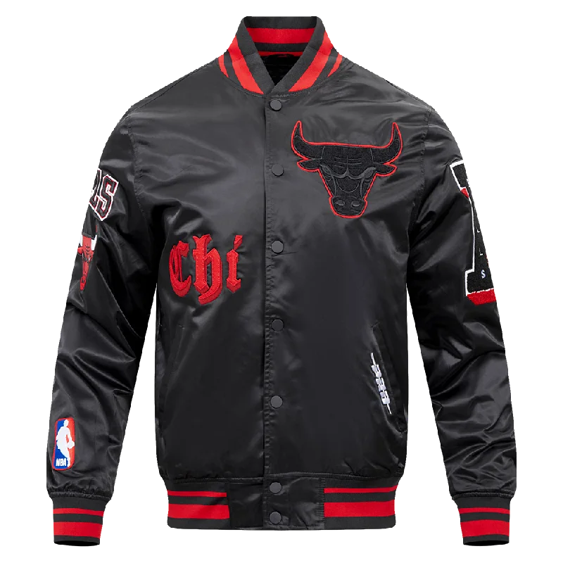 NBA CHICAGO BULLS OLD ENGLISH MEN'S LOGO SATIN JACKET (BLACK/RED/BLACK) Zippered Jacket Buttoned Jacket Snapped Jacket