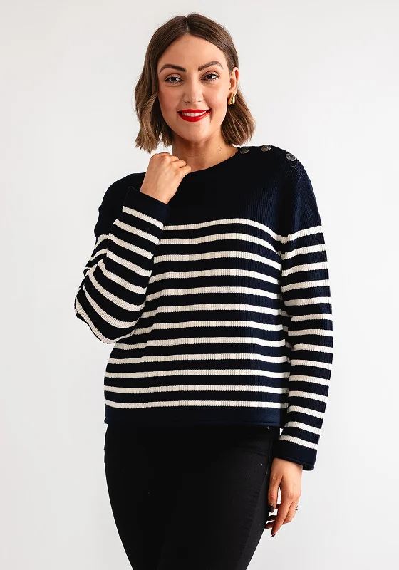 Oui Striped Button Shoulder Jumper, Navy Neon Metallic Matte