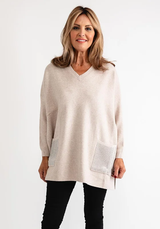 Serafina Collection Embellished Pocket Jumper, Beige Real Fur Shearling Chenille