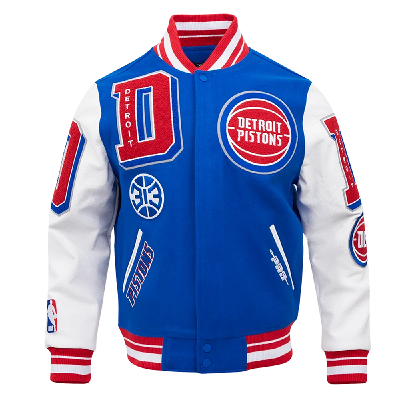NBA DETROIT PISTONS MASHUP MEN'S RIB WOOL VARSITY JACKET (ROYAL BLUE/RED) Striped Jacket Polka Dot Jacket Floral Jacket