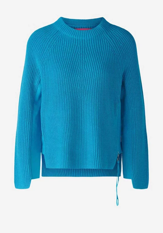 Oui Ribbed Side Zip Cotton Jumper, Blue Fleece Fabric Down Fabric Feather Fabric