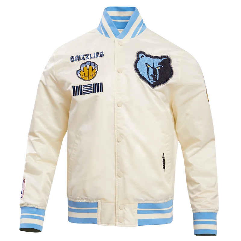 NBA MEMPHIS GRIZZLIES RETRO CLASSIC MEN'S RIB SATIN JACKET (EGGSHELL/UNIVERSAL BLUE) Cotton Fabric Linen Fabric Terry Fabric