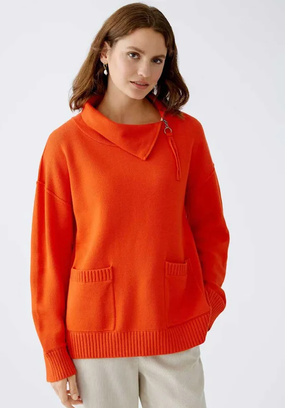 Oui Zip Neck Knit Jumper, Orange Jersey Fabric Tulle Fabric Batik Fabric
