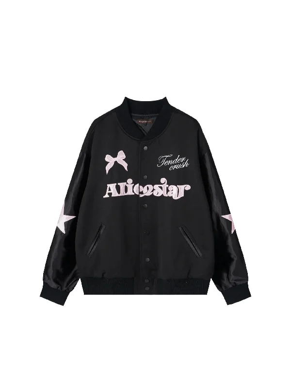 'Sweet Pop' Bloke Core Star & Ribbon Oversized Baseball Jacket Hoodie Zip-Up Jacket Button-Up Jacket