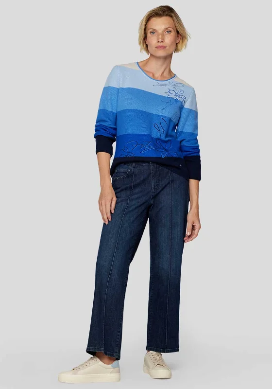 Rabe Embroidered Striped Jumper, Blue Beaded Sweater Sequined Faux Fur