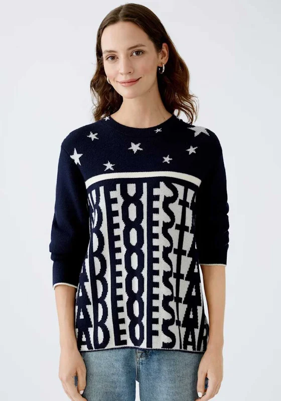 Oui Mongram Star Jacquard Knit Jumper, Navy Ribbed Striped Patterned