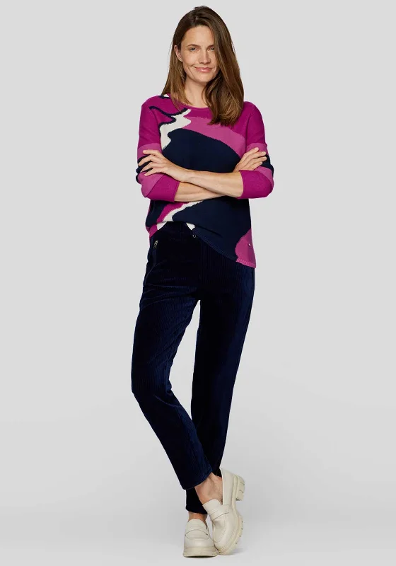 Rabe Printed Round Neck Jumper, Purple Multi Graphic Sweater Embroidered Appliqued