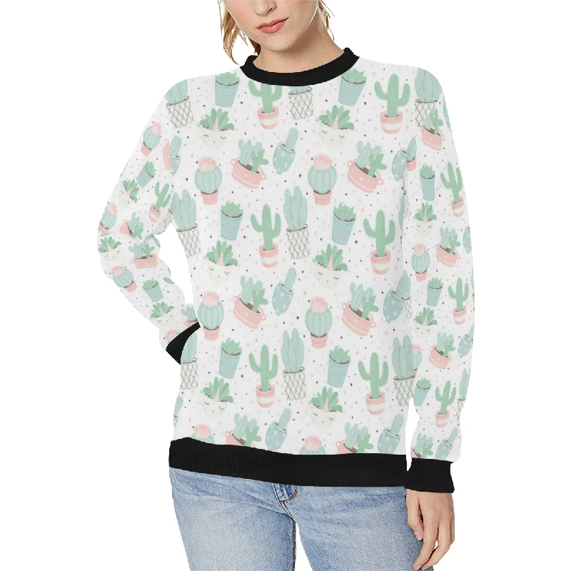 Pastel color cactus pattern Women's Crew Neck Sweatshirt Hoodie Dress Longline Feminine