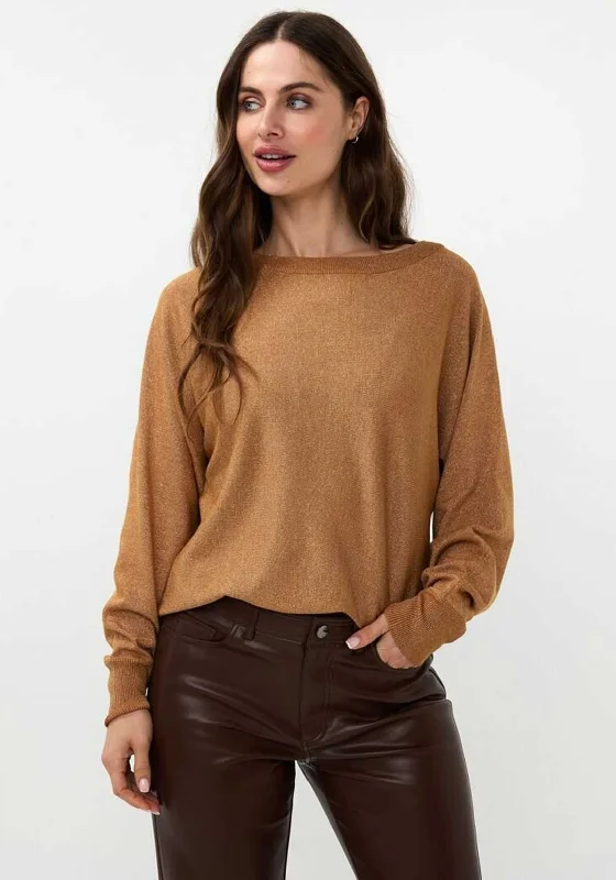 EsQualo Glitter Batwing Sweater, Brown Seamless Knitted Crochet