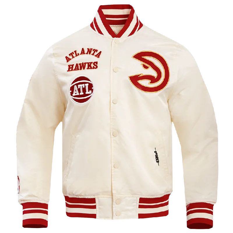 NBA ATLANTA HAWKS RETRO CLASSIC MEN'S RIB SATIN JACKET (EGGSHELL/ RED) One-Shoulder Jacket Off-the-Shoulder Jacket Asymmetrical Jacket