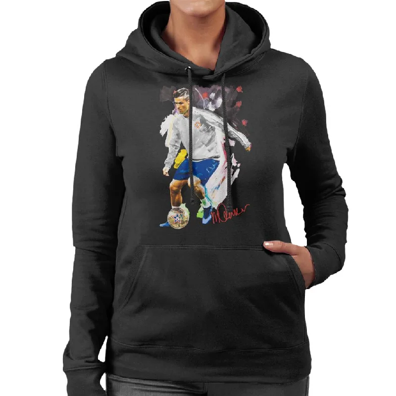 Sidney Maurer Original Portrait Of Cristiano Ronaldo Dribbling A Football Women's Hooded Sweatshirt Hoodie with Raglan Sleeves Sporty Comfortable