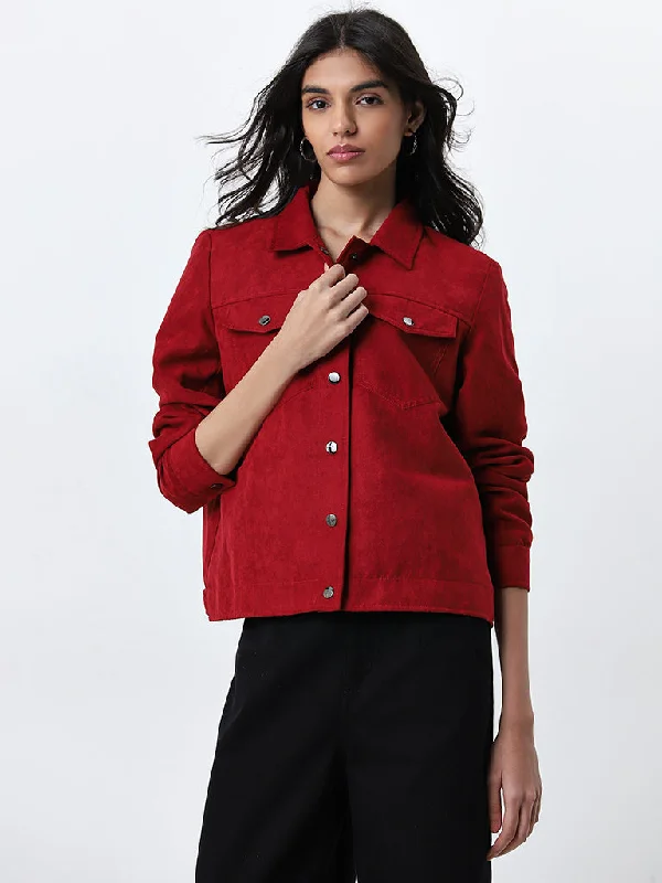 LOV Red Velvet Textured Jacket Front Pockets Side Pockets Patch Pockets