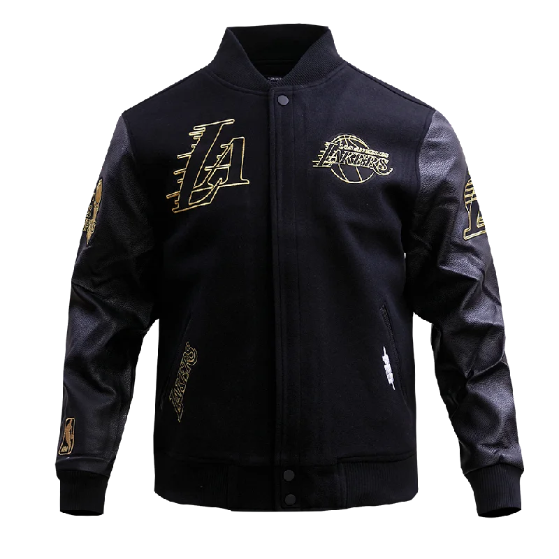 NBA LOS ANGELES LAKERS BLACK & GOLD MEN'S WOOL VARSITY JACKET (JET BLACK) Herringbone Jacket Checkered Jacket Solid Jacket