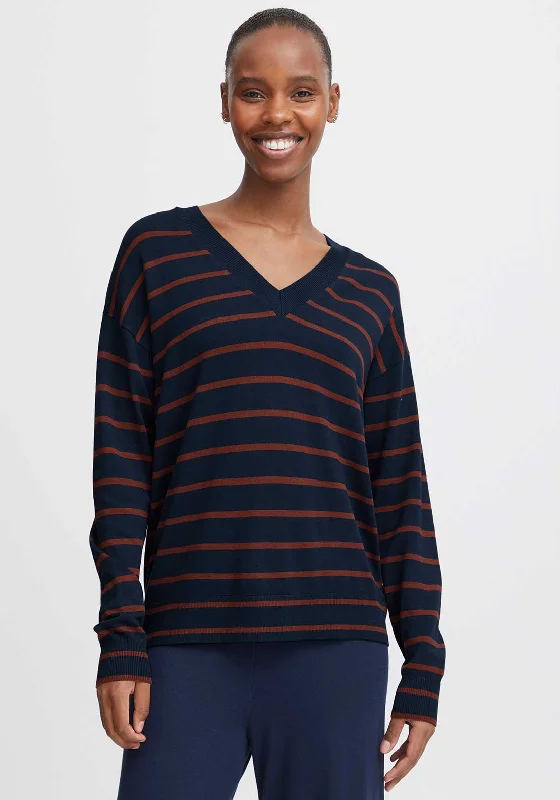 b.young Morla V Neck Striped Jumper, Navy and Brown Wool Sweater Cotton Sweater Cashmere Sweater