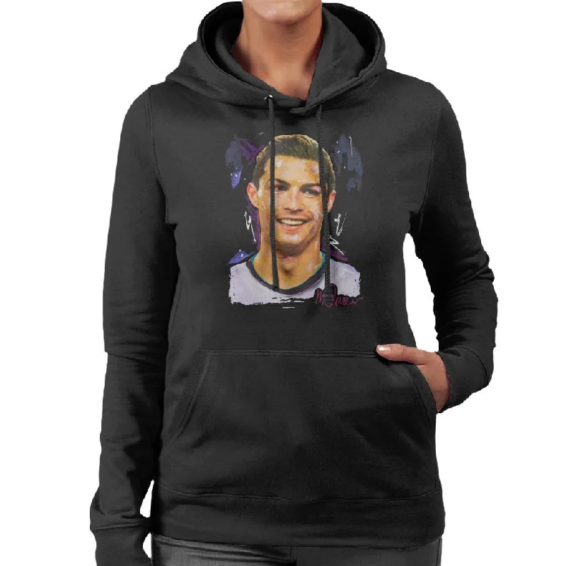 Sidney Maurer Original Portrait Of Cristiano Ronaldo Closeup Women's Hooded Sweatshirt Hoodie with Distressed Vintage Worn