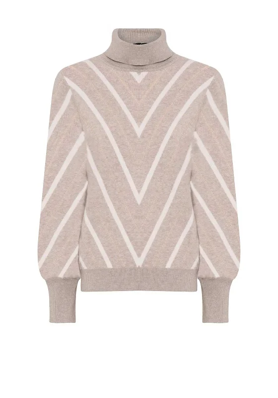 Micha Lurex Stripe Polo Neck Jumper, Beige Chenille Blend Fleece Blend Nylon Blend