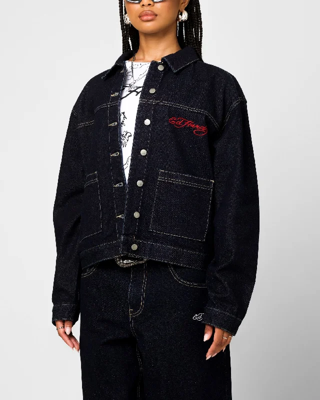 Ed Hardy Coach Denim Jacket Raw Indigo Nylon Fabric Polyester Fabric Spandex Fabric