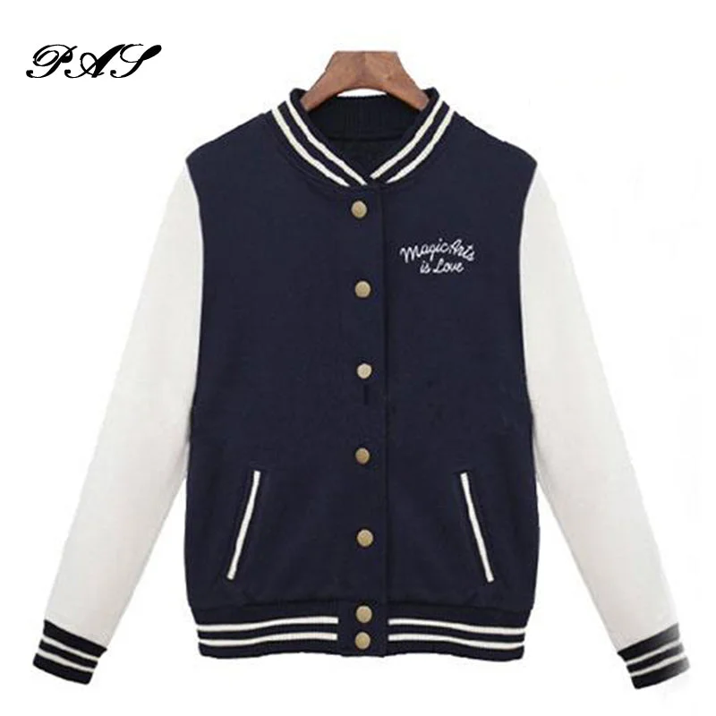 2017 New Autumn Winter Coat Splice Sleeves Baseball Jacket Casacos Femininos College Jackets Harajuku Style Women Bomper Jacket Tailored Jacket Straight Jacket A-Line Jacket