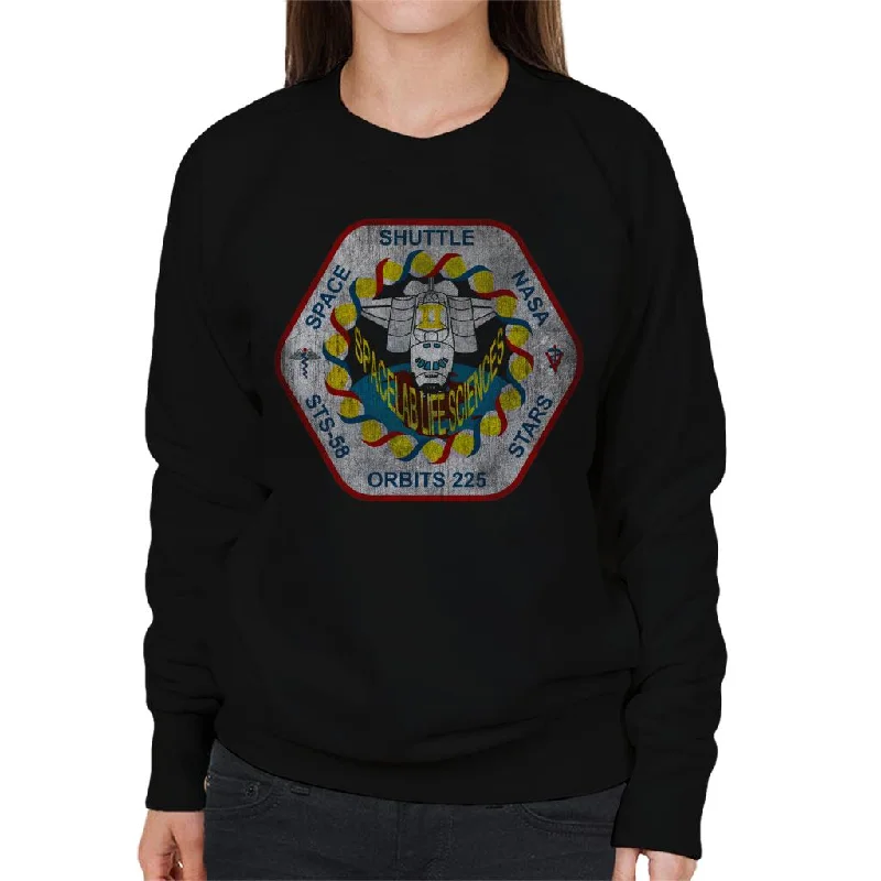NASA STS 58 Columbia Mission Badge Distressed Women's Sweatshirt Hoodie with Metallic Shiny Futuristic