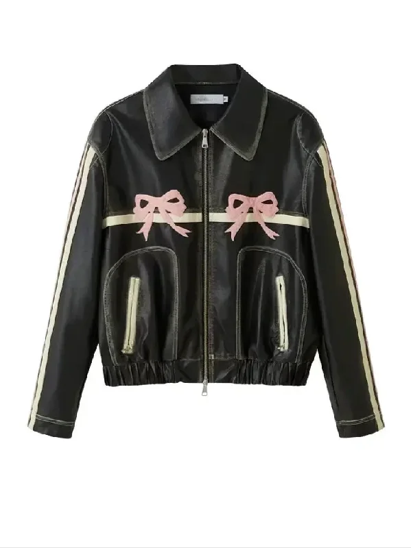 'Motor Girl' RIbbon Pattern Bike PU Coquette Leather Jacket Oversized Jacket Tailored Jacket Straight Jacket