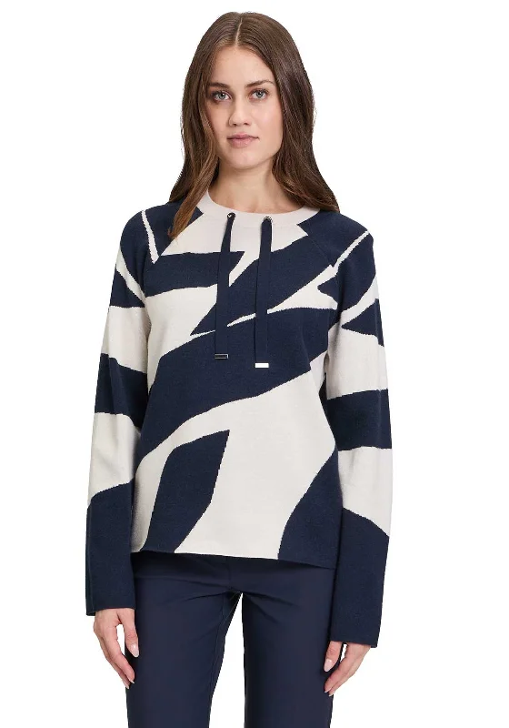 Betty Barclay Geometric Print Jumper, Navy and Cream Handmade Hand-knitted Hand-woven