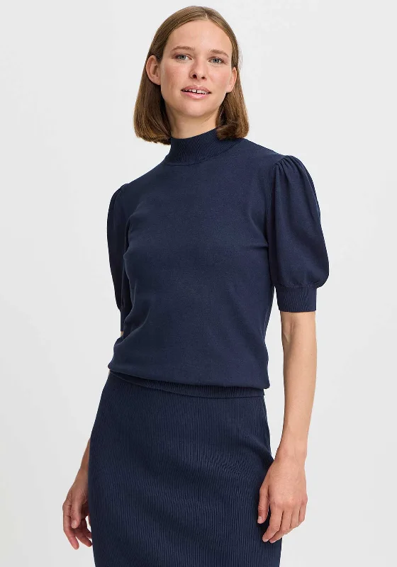 b.young Morla Puff Sleeve Polo Neck Sweater, Navy Long Sweater Short Sweater Cropped Sweater