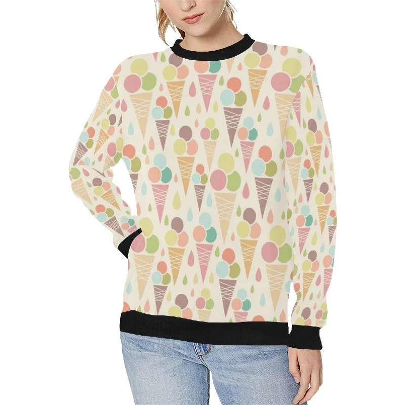 Ice cream cone pattern Women's Crew Neck Sweatshirt Hoodie with Hem Raw Edge Edgy Unfinished