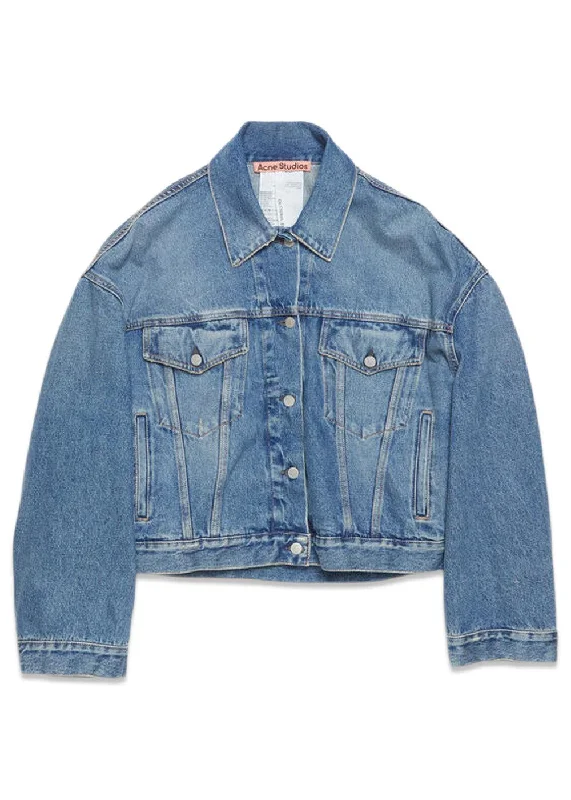 Denim Jacket - Relaxed cropped fit - Mid Blue One-Shoulder Jacket Off-the-Shoulder Jacket Asymmetrical Jacket