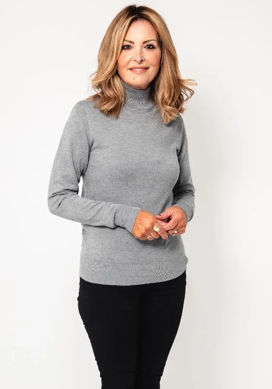 B.young Morla Button Detail Polo Neck Jumper, Grey Jersey Fabric Tulle Fabric Batik Fabric