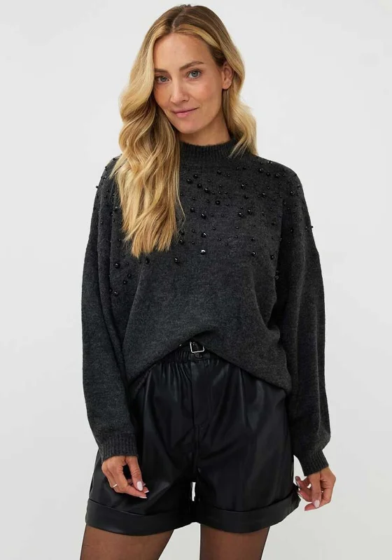 Esqualo Bead Embellished Jumper, Dark Grey Chenille Fabric Brocade Fabric Lace Fabric