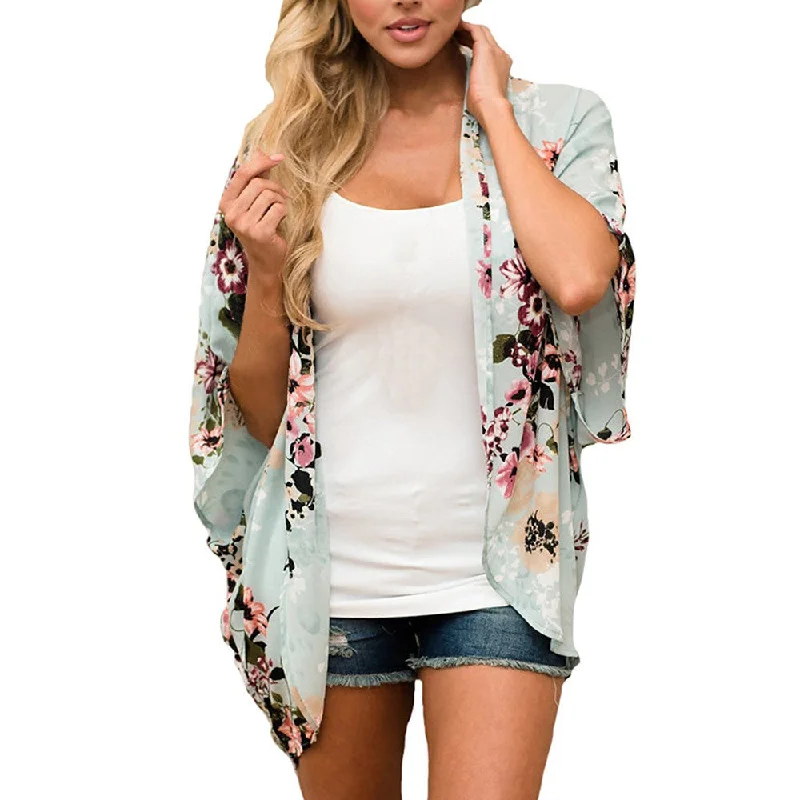 Boho Batwing Sleeve Coat Jacket Chiffon Blouse Women Casual Floral Print Loose Kimono Shirts Big Size Beach Tunic Tops Peplum Wool Jacket Cashmere Jacket Tweed Jacket