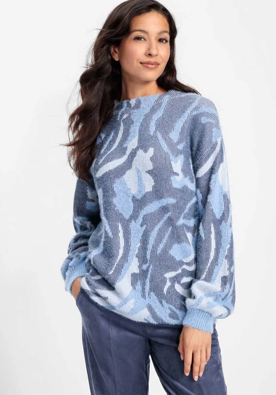Olsen Textured Knit Round Neck Jumper, Blue Houndstooth Herringbone Solid