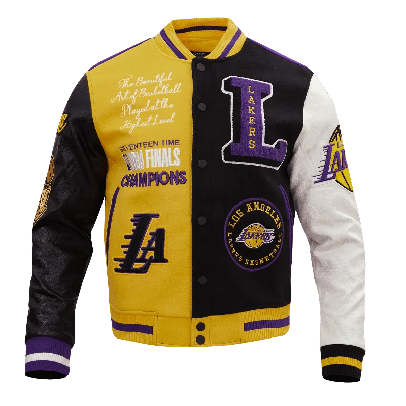 NBA LOS ANGELES LAKERS COLOR BLOCK MEN'S VARSITY JACKET (BLACK) Denim Fabric Leather Fabric Suede Fabric