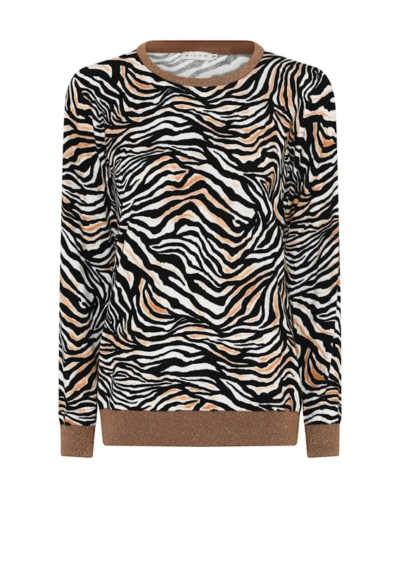 Micha Glitter Trim Zebra Print Sweater, Camel and Cognac Wool Fabric Cashmere Fabric Tweed Fabric