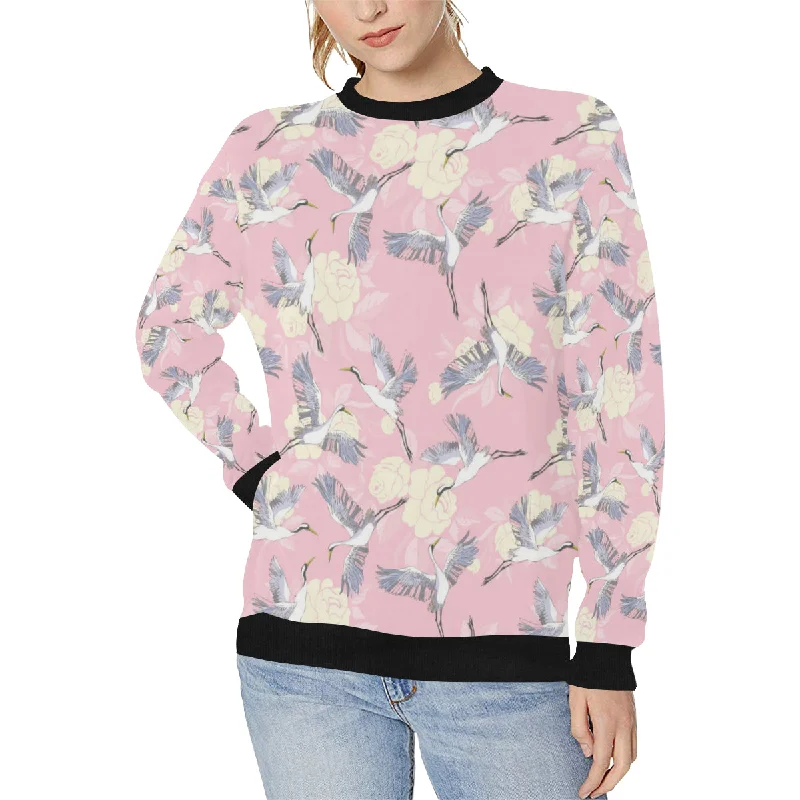 Japanese crane rose pattern Women's Crew Neck Sweatshirt Hoodie with Tied Waist Feminine Flattering