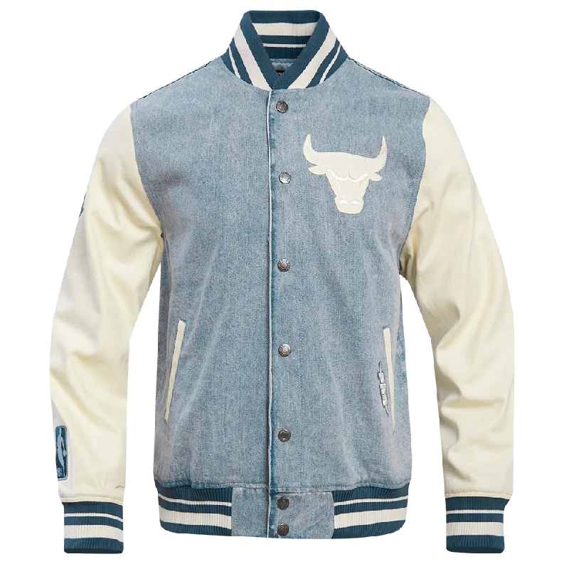 NBA CHICAGO BULLS VARSITY BLUES MEN'S DENIM VARSITY MEN'S JACKET (DENIM/LINEN) Zip Front Button Front Snap Front