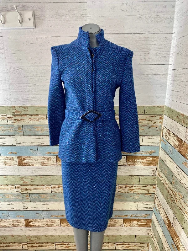 80s Blue Wool Skirt And Jacket Suit Set Faux Fur Jacket Real Fur Jacket Shearling Jacket