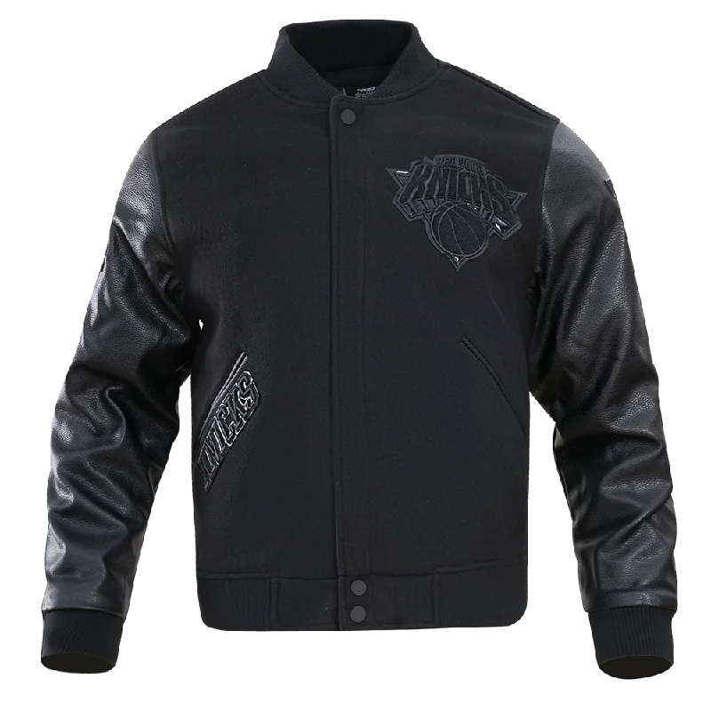 NBA NEW YORK KNICKS TRIPLE BLACK MEN'S VARSITY JACKET (BLACK) Belted Jacket Elasticated Jacket Padded Jacket
