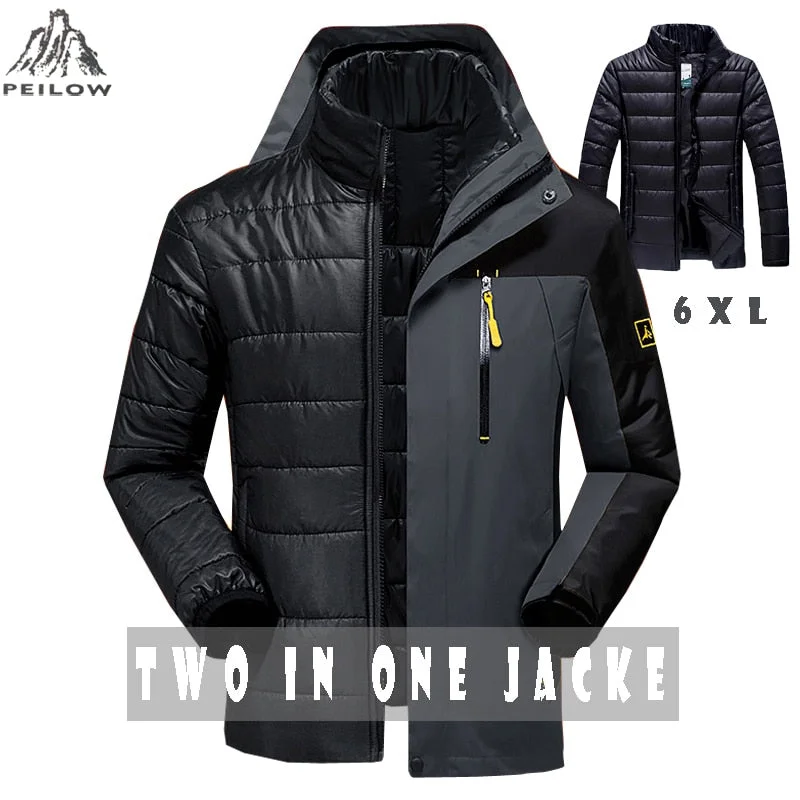 PEILOW Winter jacket men fashion 2 in 1 outwear thicken warm parka coat women`s Patchwork waterproof hood men jacket size M~6XL Rayon Fabric Velvet Fabric Corduroy Fabric