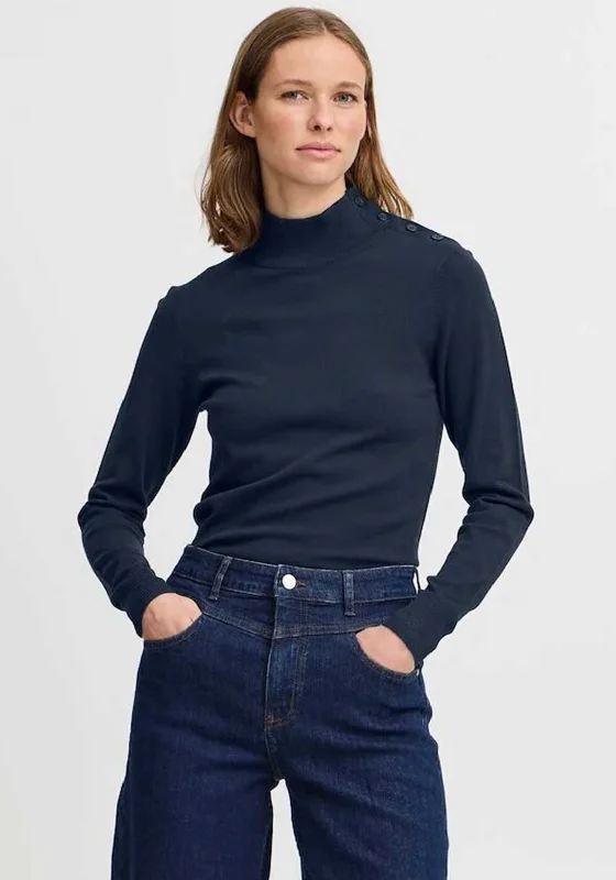 b.young Morla Button Detail Polo Neck Jumper, Navy Modern Contemporary Chic
