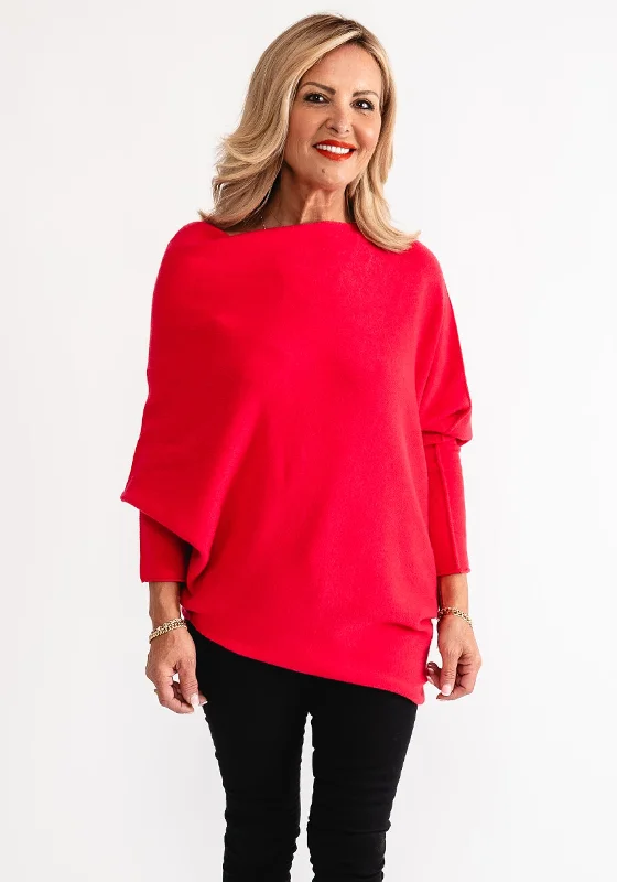 D.E.C.K By Decollage One Size Batwing Asymmetric Jumper, Red Striped Floral Plaid